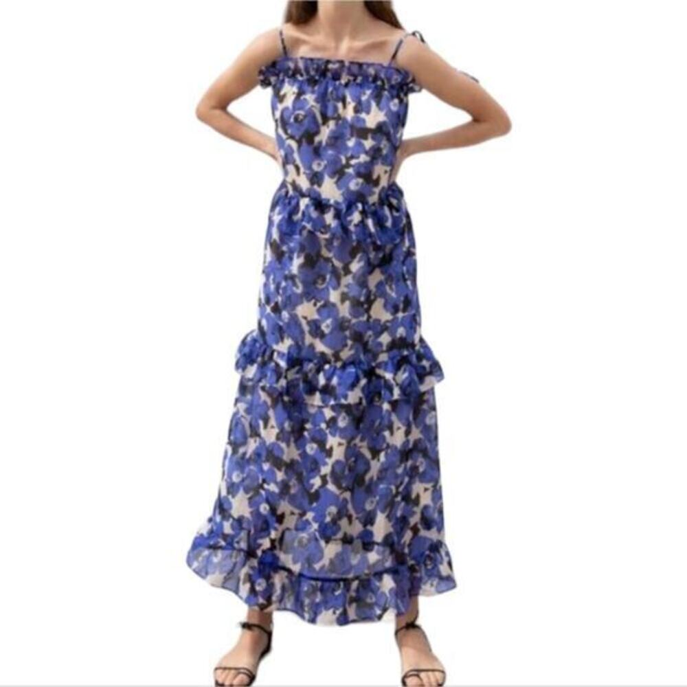 Who What Wear Chiffon Lined Maxi Dress Ruffled‎ Tier Women Blue Size XXL NEW